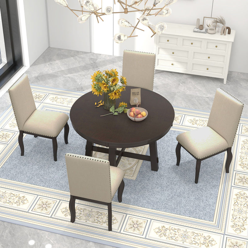 Round Extendable Dining Table Set With 4 Upholstered Chairs