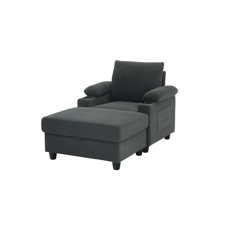 Accent Chair With Storage Ottoman, Reclining Single Chaise Lounge With Cupholders And USB, C Ports