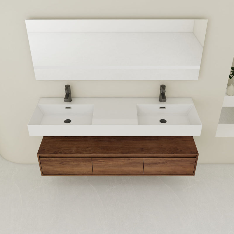 Contemporary Wall Mounted Bathroom Vanity With Dual Resin Sink And Soft Close Drawer