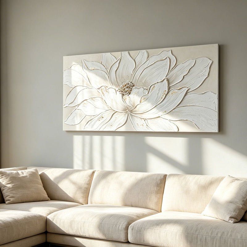Lotus Flower Canvas Wall Art, Hand Painted Textured Floral Painting - Antique White