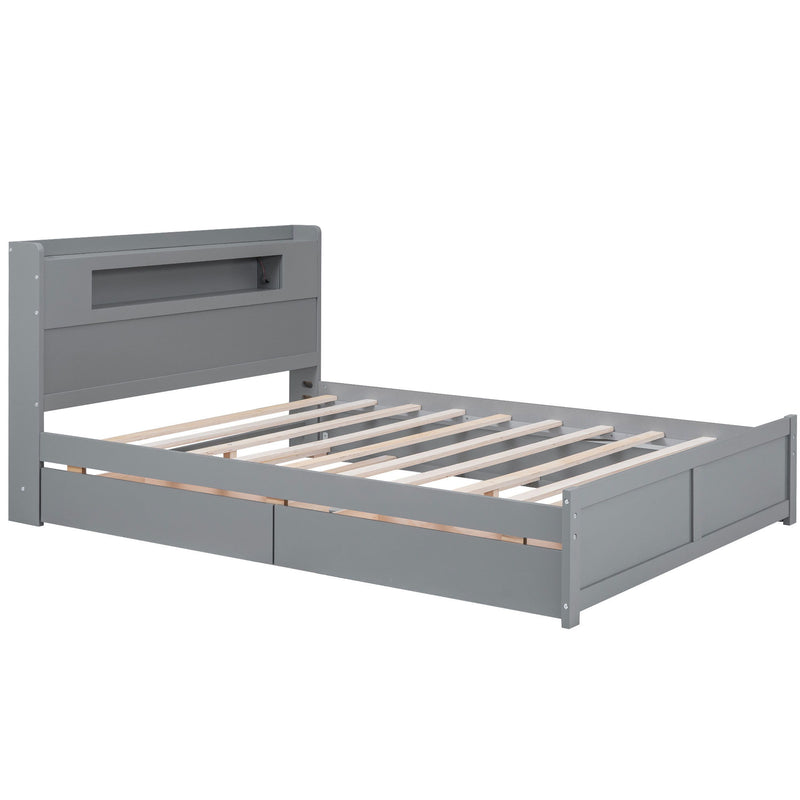 Storage Platform Bed With LED Lights, 2 Drawers And Trundle