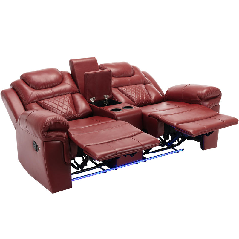 3 Pieces Recliner Sofa Sets Home Theater Seating Manual Recliner Chair With Center Console And LED Light Strip For Living Room