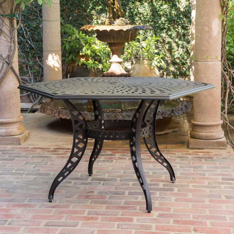 Outdoor Cast Aluminum Dining Table With Lattice Top And Umbrella Hole - Black