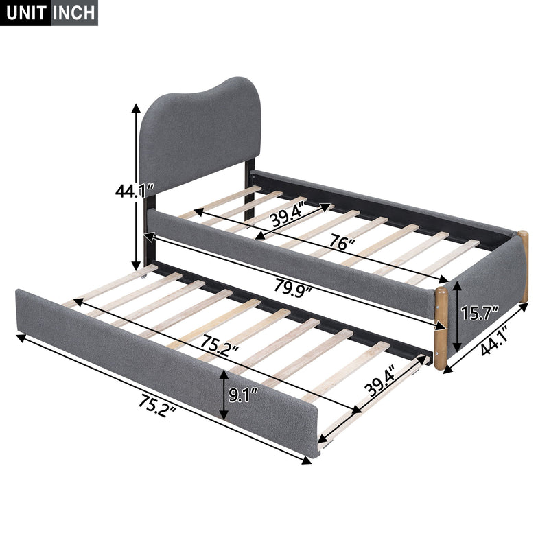 Upholstered Platform Bed With Wood Supporting Feet And Trundle