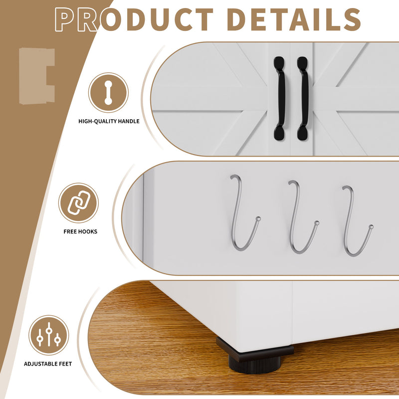 Kitchen Pantry Cabinet With Adjustable Shelves, Drawers, Hooks And Large Countertop - White