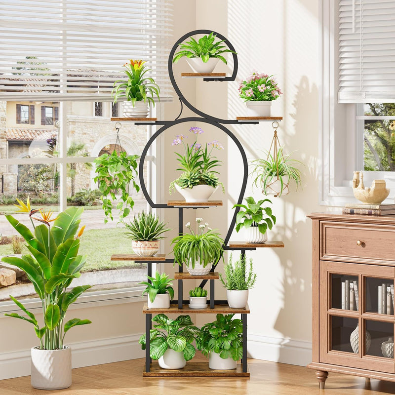 Plant Stand Indoor With Grow Light, 9 Tiered 63" Tall Indoor Plant Shelves For Multiple Plants - Walnut / Black