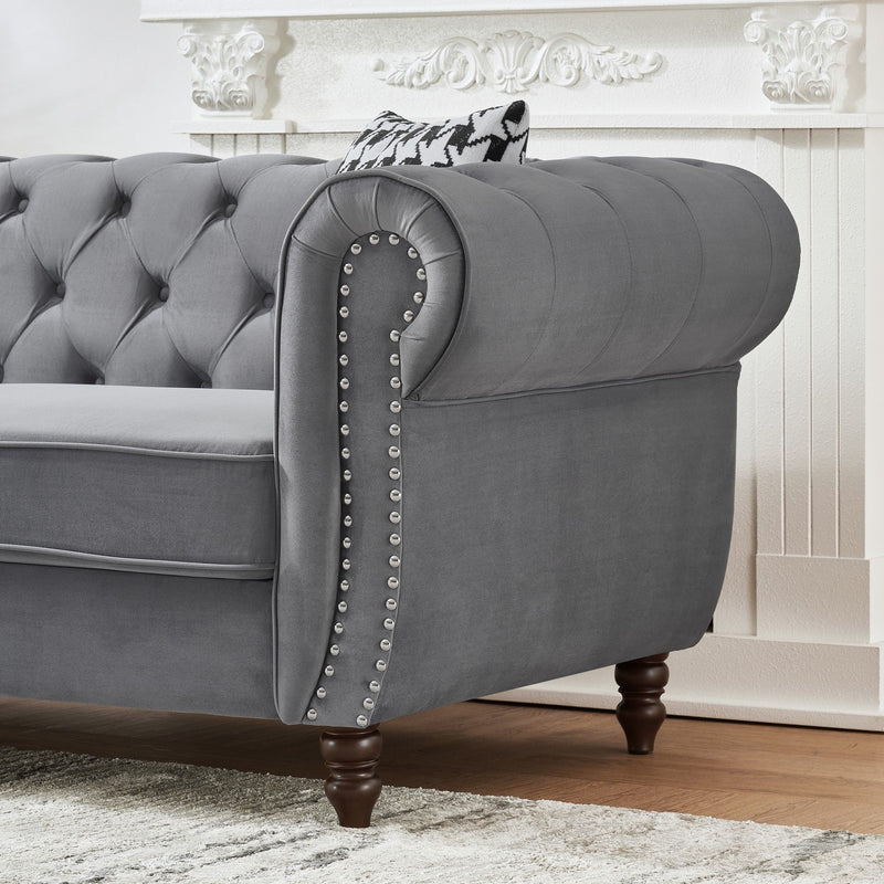 Chesterfield Upholstery Fabric Sofa With Roll Armrest & Nailhead