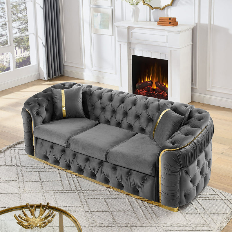 Button Tufted Couch With 2 Pillows, 3 Seater Luxury Chesterfield Sofa