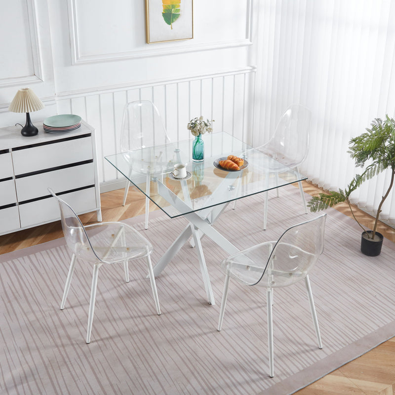 Dining Table With Cross Metal Leg And Tempered Glass, Modern Space Saving Kitchen Table For Living Room Legs, Square Table