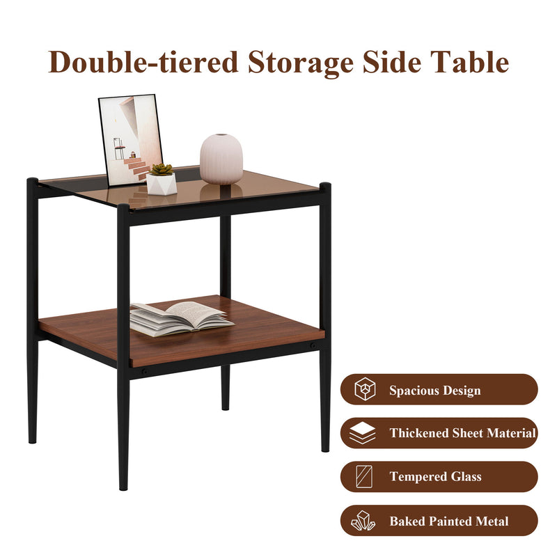 Modern Rectangle End Table (Set of 2) With Tempered Glass Tabletop And Layer - Brown