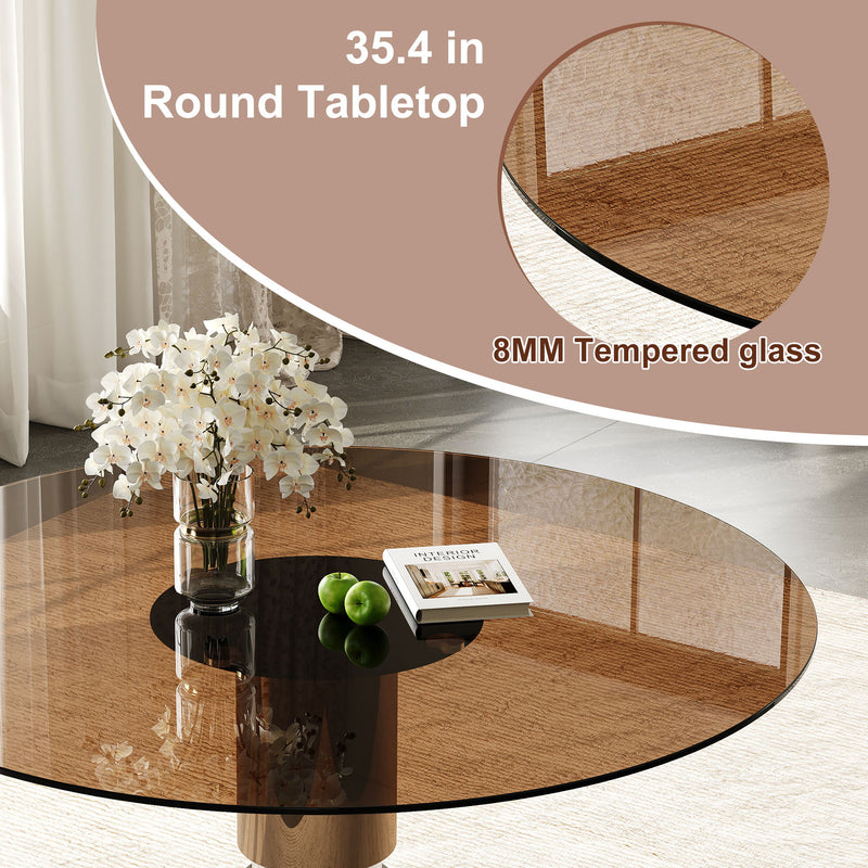 Round Dining Table With Tempered Glass Top - Brown