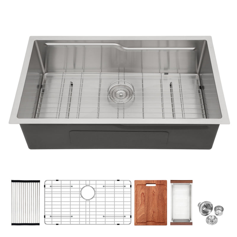 33" Undermount Kitchen Sink Single Bowl Ledge Workstation In 16 Gauge Stainless Steel - Brushed Nickel