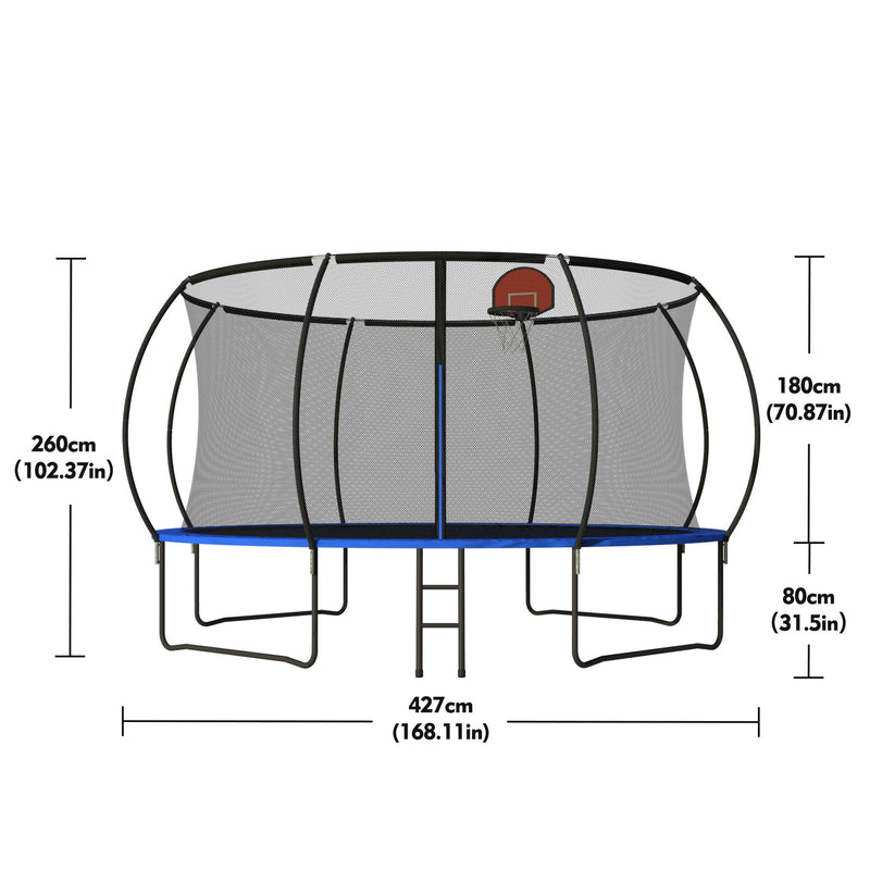 Pumpkin 14 Ft Outdoor Trampoline With Basketball Hoop Enclosure Net Ladder And Metal - Black / Blue