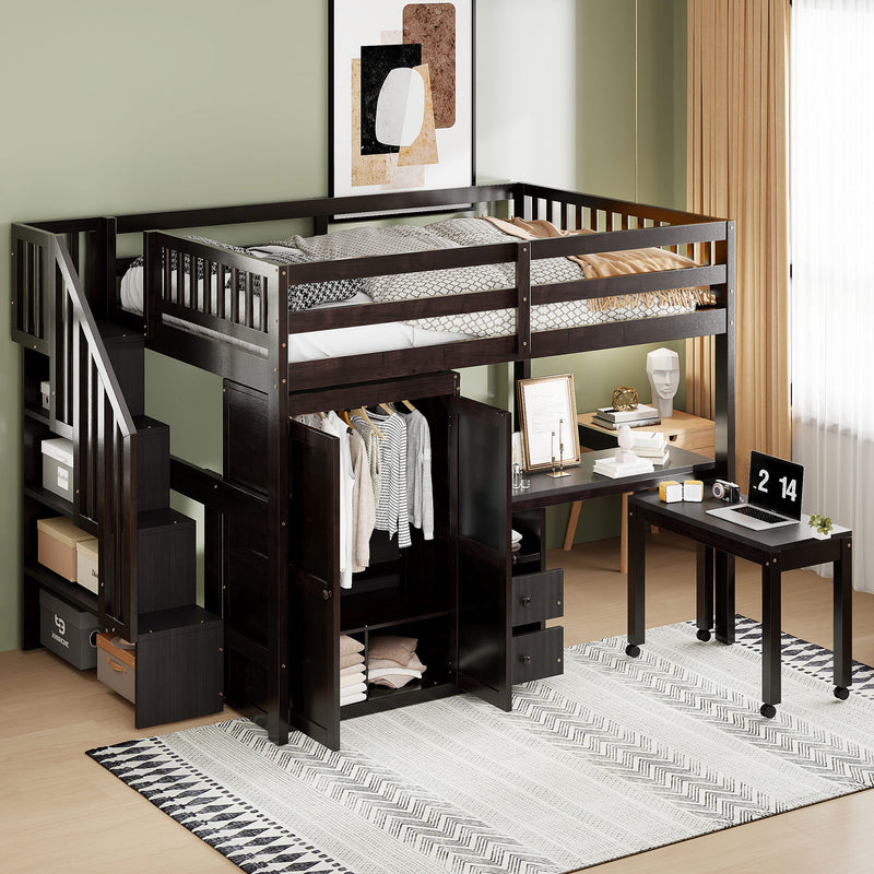 Loft Bed With Stairs, Bookshelf, Drawers, Desk & Wardrobe, Space Saving Multifunctional Furniture
