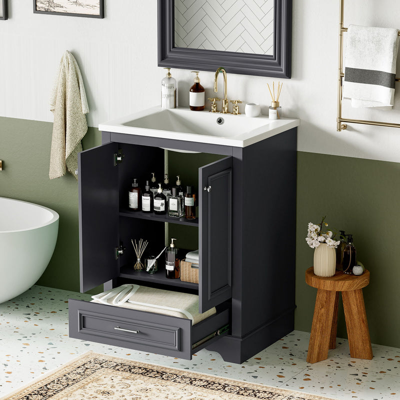 Bathroom Vanity With Ceramic Sink Combo, Modern Freestanding Storage Cabinet With Silver Handles