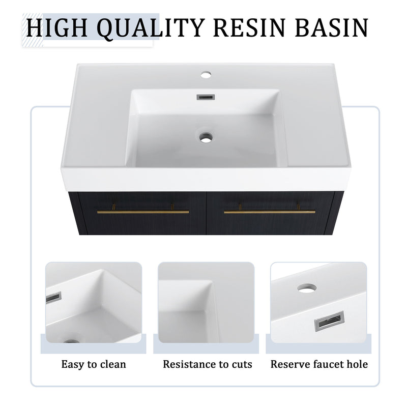 Modern Wall Mounted Bathroom Vanity With Thick Edge Resin Sink And Storage Rack