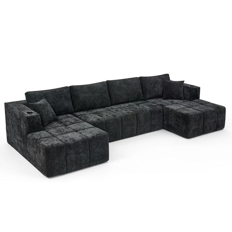 U - Shaped Sectional Sofa, Cup Holders & Side Pockets For Living Room