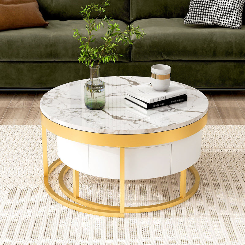 Round Nesting Coffee Table With Drawers - Golden / White