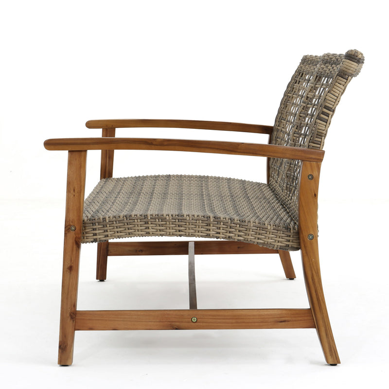 Outdoor Rattan Loveseat With Wooden Legs - Natural / Gray