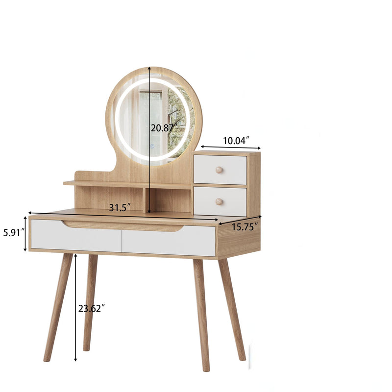Elegant Makeup Vanity Desk With Adjustable Lighted Mirror Table Feet - American White Oak