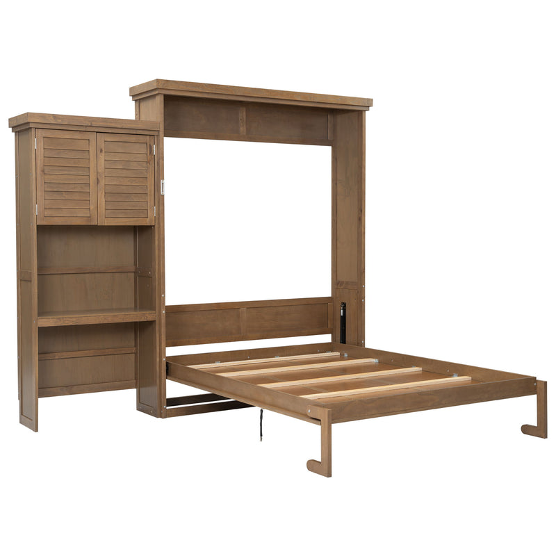 Queen Size Murphy Bed With Louvered Design And Multiple Storage Shelves - Wood