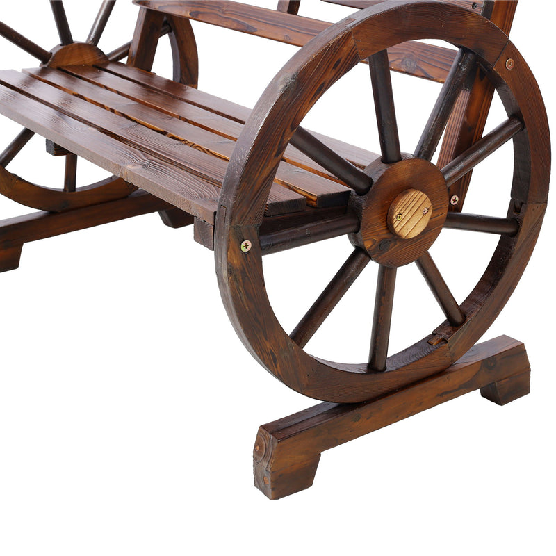 Rustic Country 2 Person Wooden Wagon Wheel Bench With Slatted Seat And Backrest - Brown