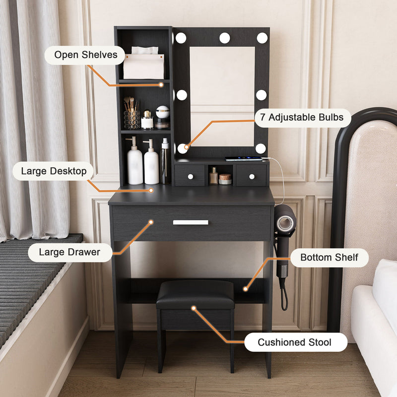 Vanity Table With Mirror, Adjustable LED Lights, Power Outlet, Hairdryer Holder & Stool