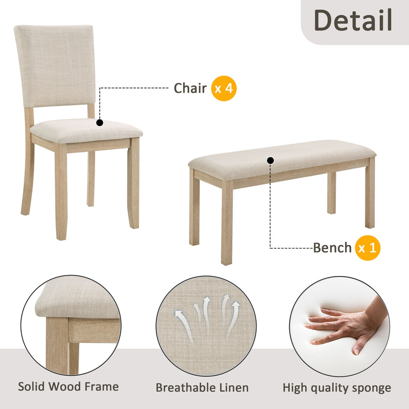 6 Piece Rectangular Kitchen Table Set With Bench And 4 Upholstered Chairs For Kitchen - Light Oak