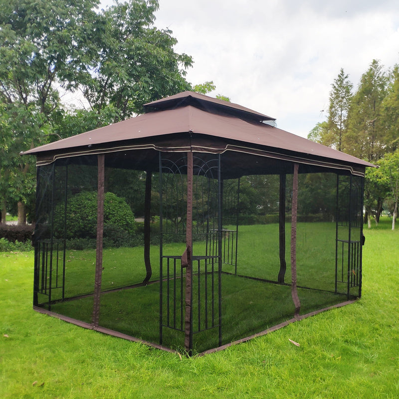 13 0 Outdoor Patio Gazebo Canopy Tent With Ventilated Double Roof And Mosquito Net (Detachable Mesh Screen On All Sides) Suitable For Lawn Garden Backyard And Deck Top - Brown