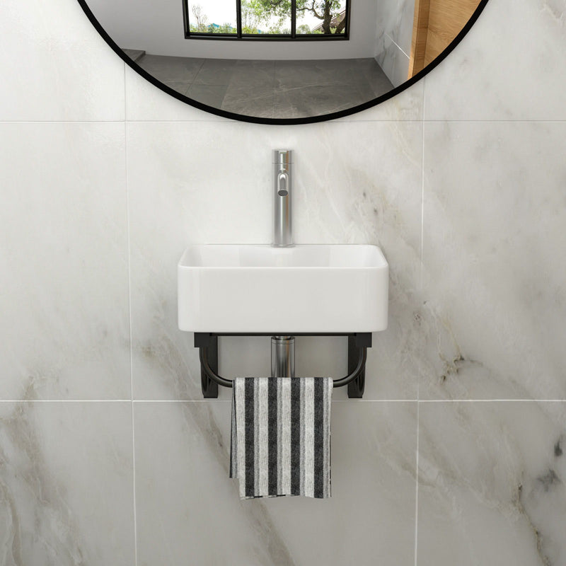 Rectangular Bathroom Sink With Towel Bar & Faucet Hole, Wall Mounted - White
