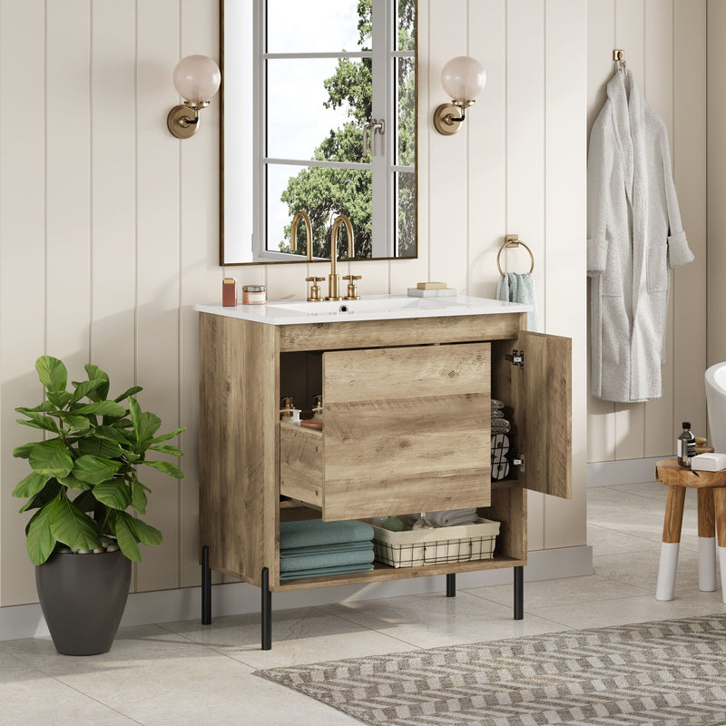 Bathroom Vanity Cabinet With Sink, Sliding Drawer, Soft Closing Door, Open Shelf - Natural Wood