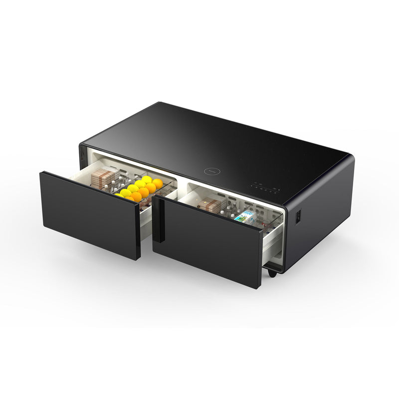 Modern Smart Coffee Table With Built-In Fridge, tooth Speaker, Wireless Charging Module, Touch Control Panel, Power Socket, USB Interface, Outlet Protection, Atmosphere Light