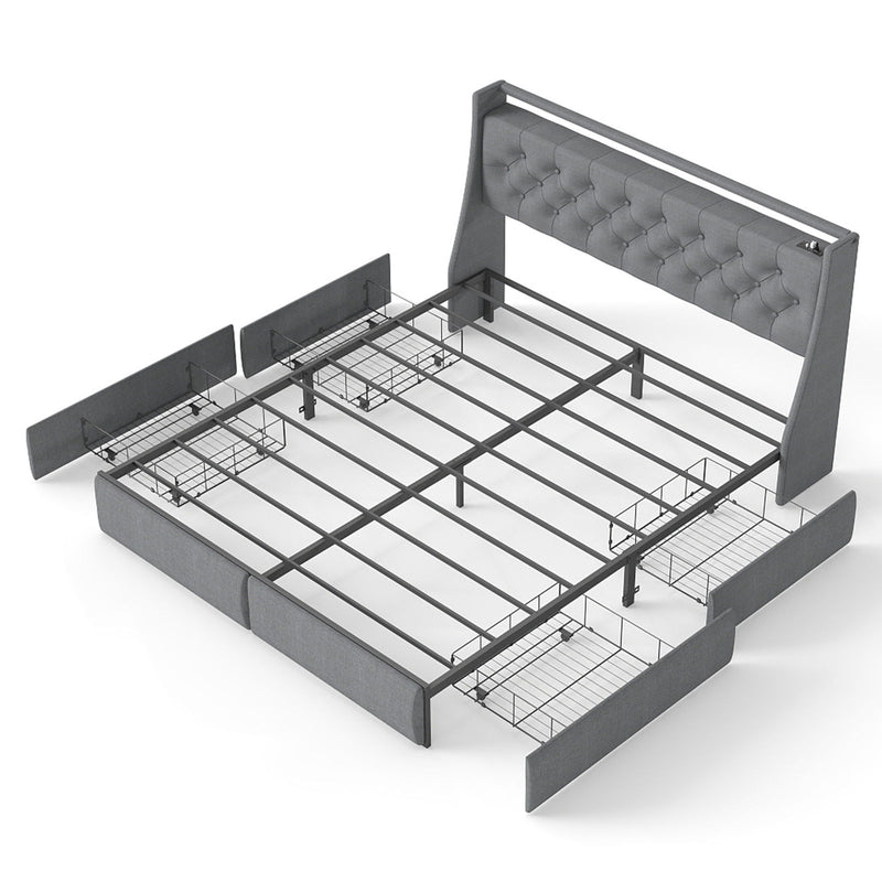 Platform Bed Frame With RGB LED Lights, Charging Station, Storage Headboard & 4 Underbed Drawers
