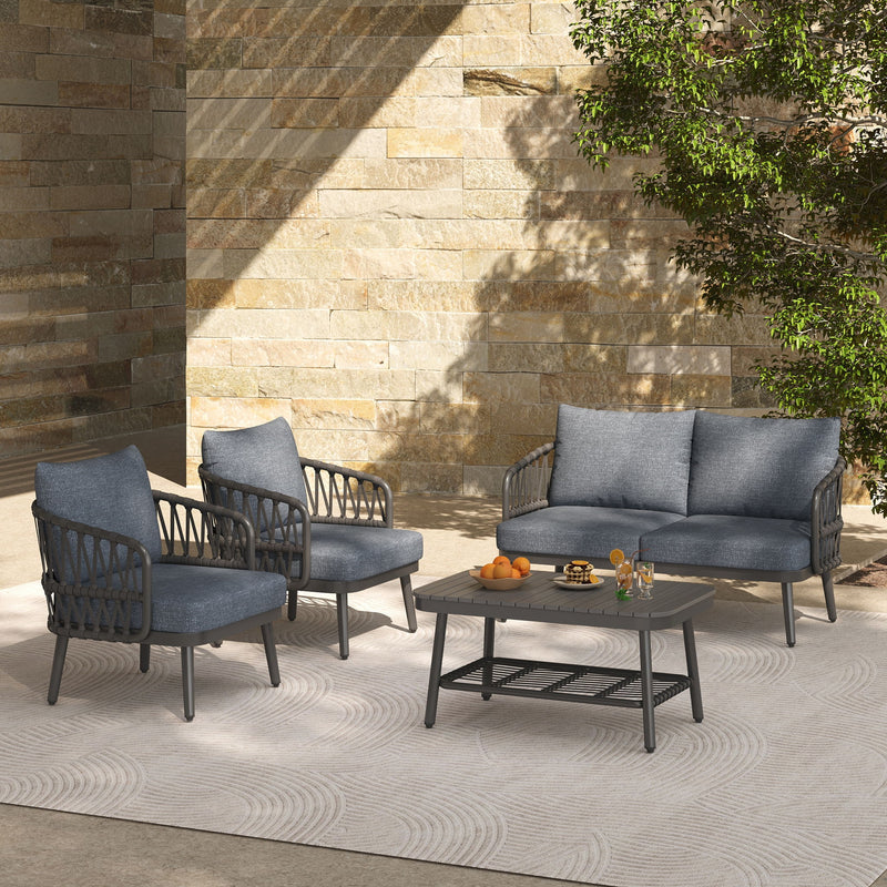 4 Piece Outdoor Patio Furniture Set, Metal Chairs With Woven Rope U Shaped Backrest