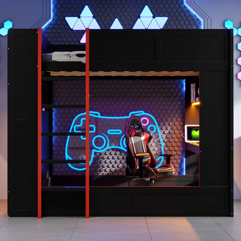 Full Size Gaming Bunk Bed With Desk, Storage Shelves, LED And Charging Station - Black