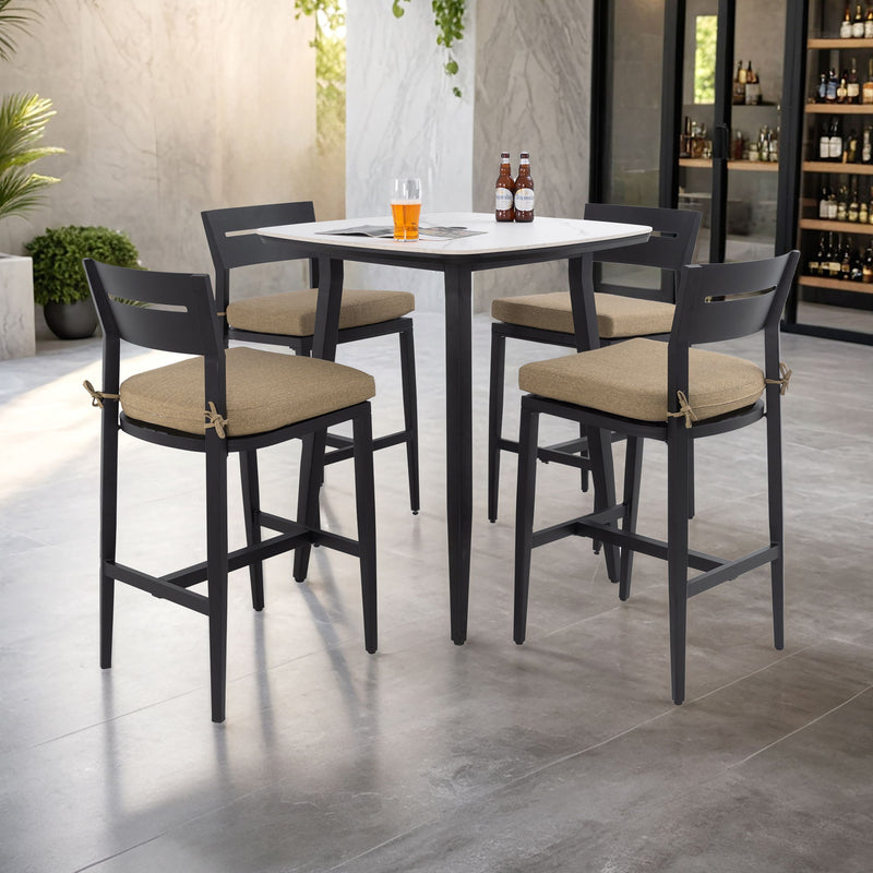5 Pieces Outdoor Patio Bar Set, Rounded Square Table & 4 Aluminum Bar Stools