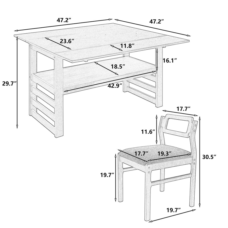 5 Piece Extendable Wood Square Dining Table Set With 2 Drop Leaves