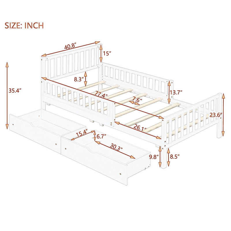 Platform Bed With Guardrails On Both Sides And 2 Storage Drawers