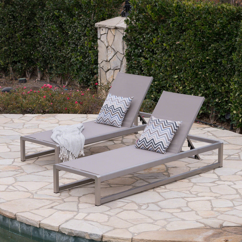 Outdoor Chaise Lounge (Set of 2) With Adjustable Aluminum Frame And Textilene Mesh Seating - Gray