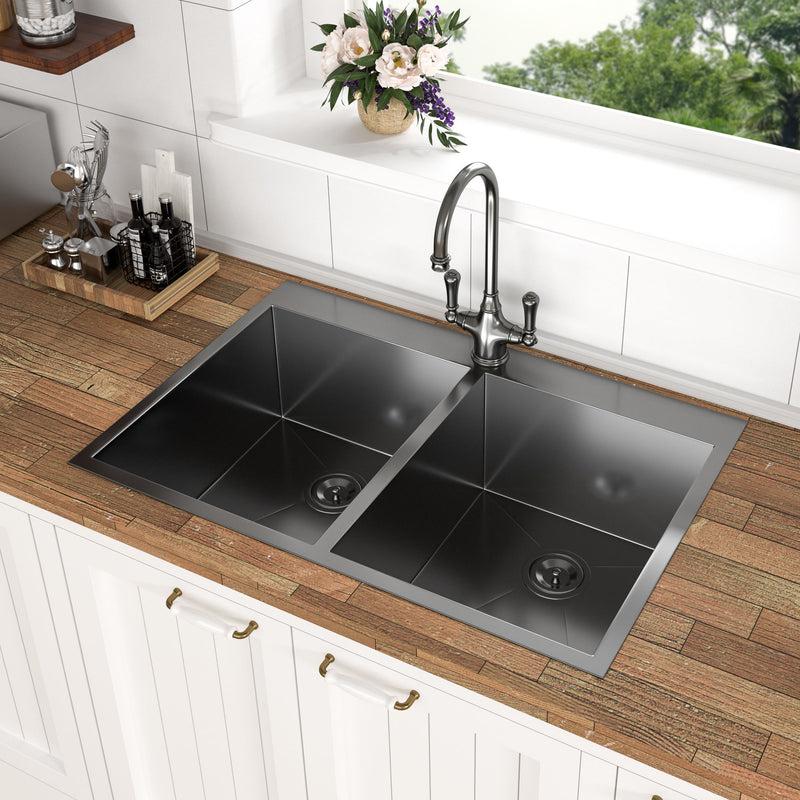 Double Bowl Drop In Kitchen Sink, 16 Gauge Stainless Steel With 2 9" Deep Basins - Gunmetal Black