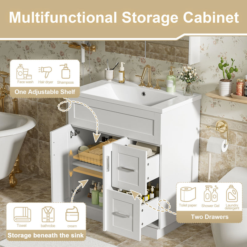 Bathroom Vanity With 2 Doors, 2 Drawers, Adjustable Shelf, Hidden Slides & Soft Close Hinges