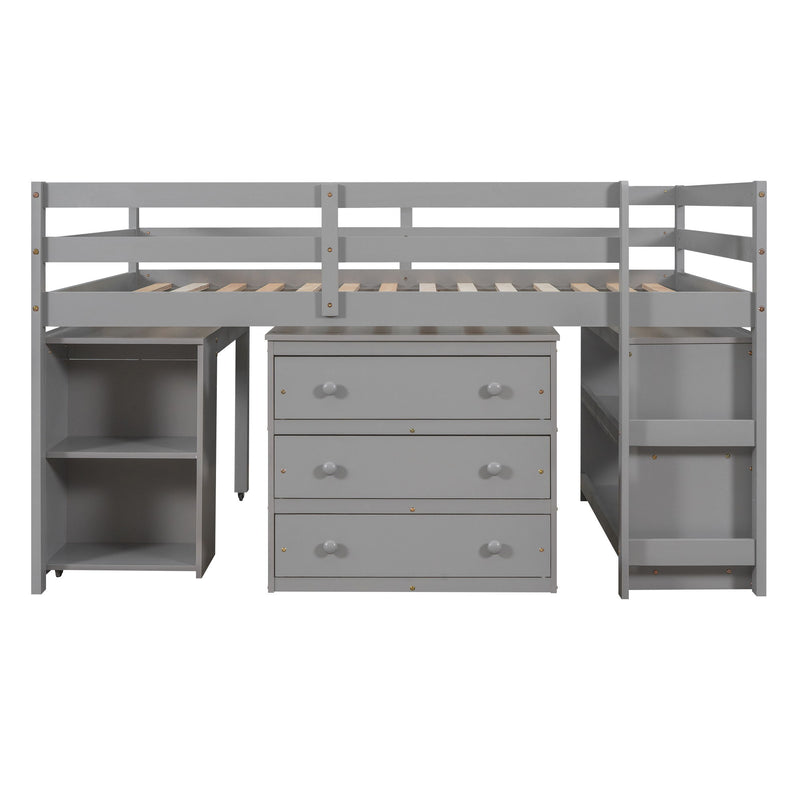 Loft Low Study Bed With Cabinet, Shelves And Rolling Portable Desk, Multiple Functions
