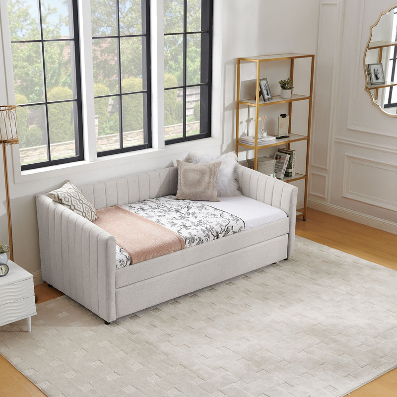 Upholstered Daybed With Trundle With Vertical Stripes