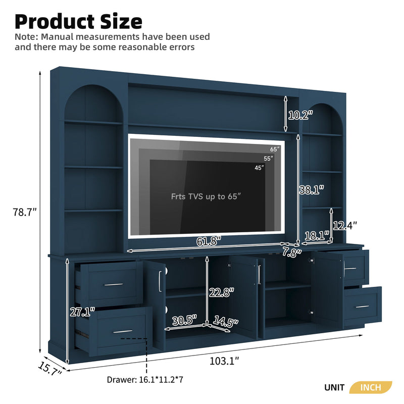 Arched Entertainment Center Wall Unit With Drawers With Adjustable Shelves For Living Room - Blue