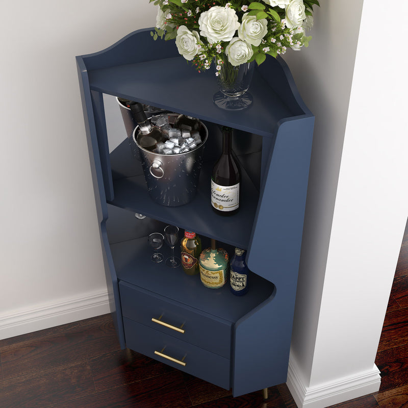 Corner Bar Cabinet With Mirrored Back, 2 Open Shelves & 2 Drawers, High Legs For Easy Cleaning