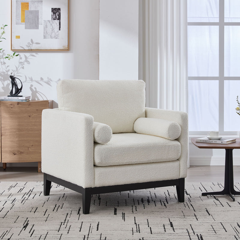 Wide Modern Farmhouse Performance Accent Chair With Legs, Wood Base