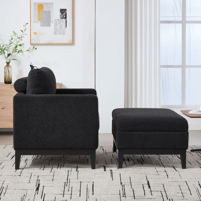 Farmhouse Upholstered Accent Chair With Ottoman, Reversible Lid Coffee Table