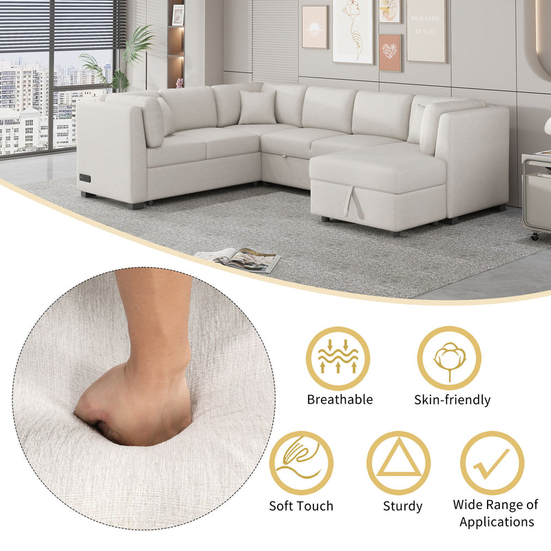 U-Shaped Sectional Sofa Pull Out Sofa Bed With Two USB Ports, Two Power Sockets, Three Back Pillows And A Storage Chaise For Living Room