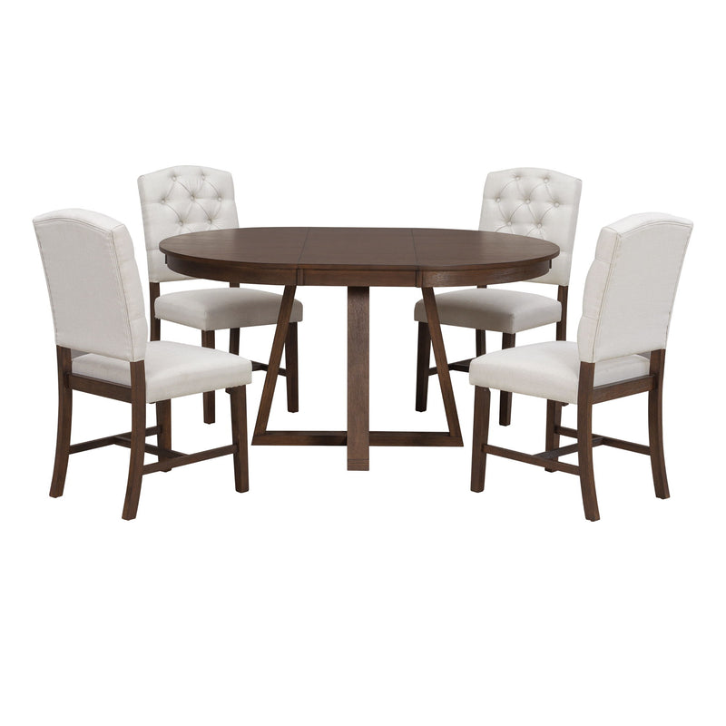 Dining Set With Leaf Round Table And 4 Upholstered Chairs
