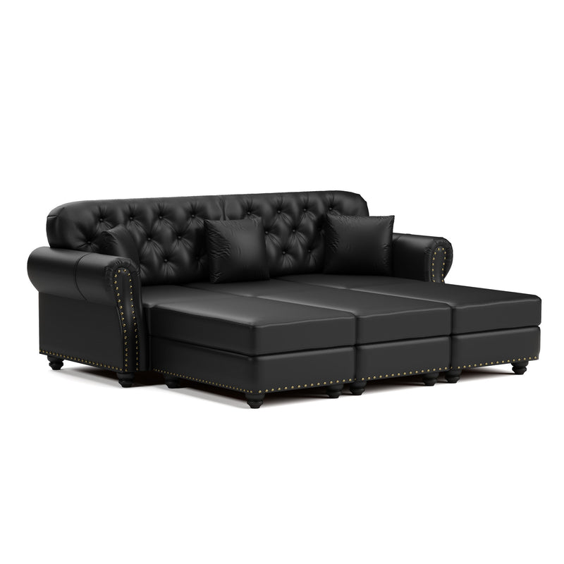 Upholstered Sofa With Nailhead Trim, Rolled Armrests With Ottoman
